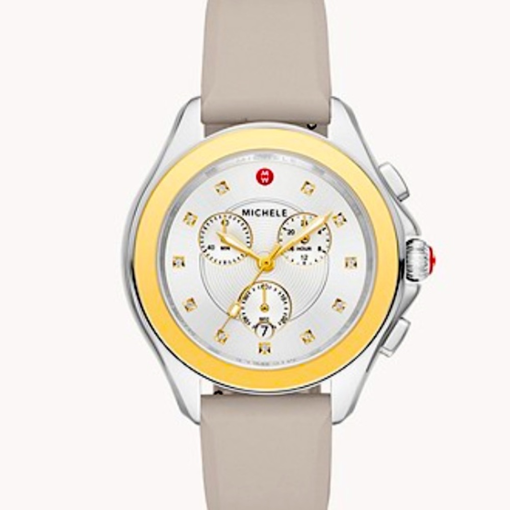 MICHELE CAPE TWO TONE SILVER/GOLD CHRONOGRAPH DIAL WHEAT SILICONE BAND WATCH NWT